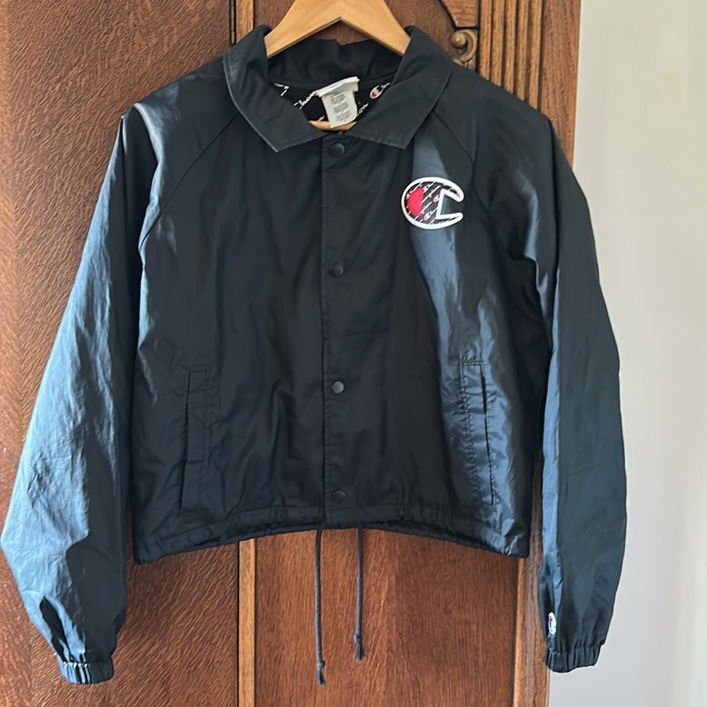 Champion Jacket Cropped Windbreaker Athletic Coat Medium Black Logo